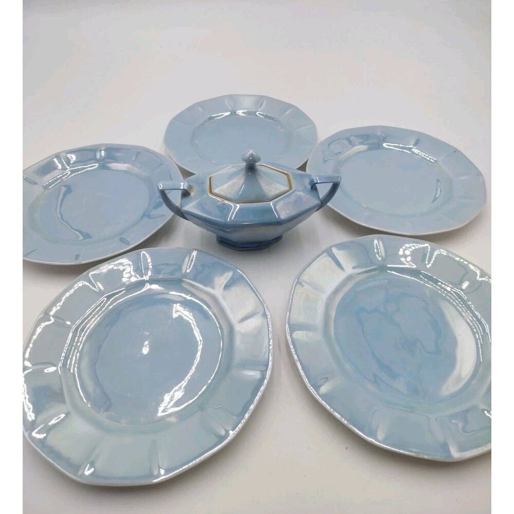 VTG Art Deco Victoria Czecho-Slovakia Blue Lustreware Sugar Bowl 5 Plates -Read
